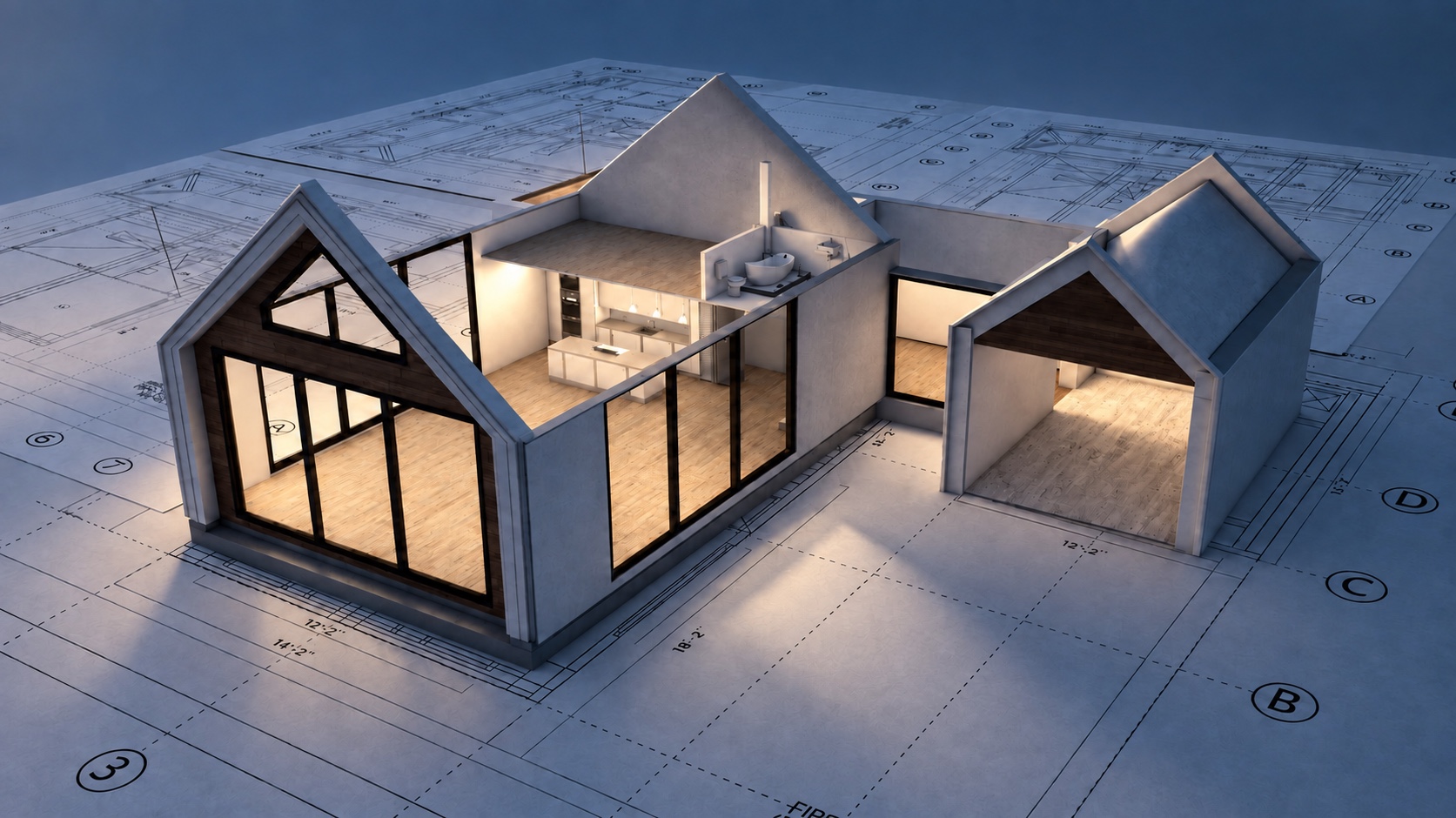 Neubau Indoor Visualisierung: 3D-Hausmodell auf Bauplan