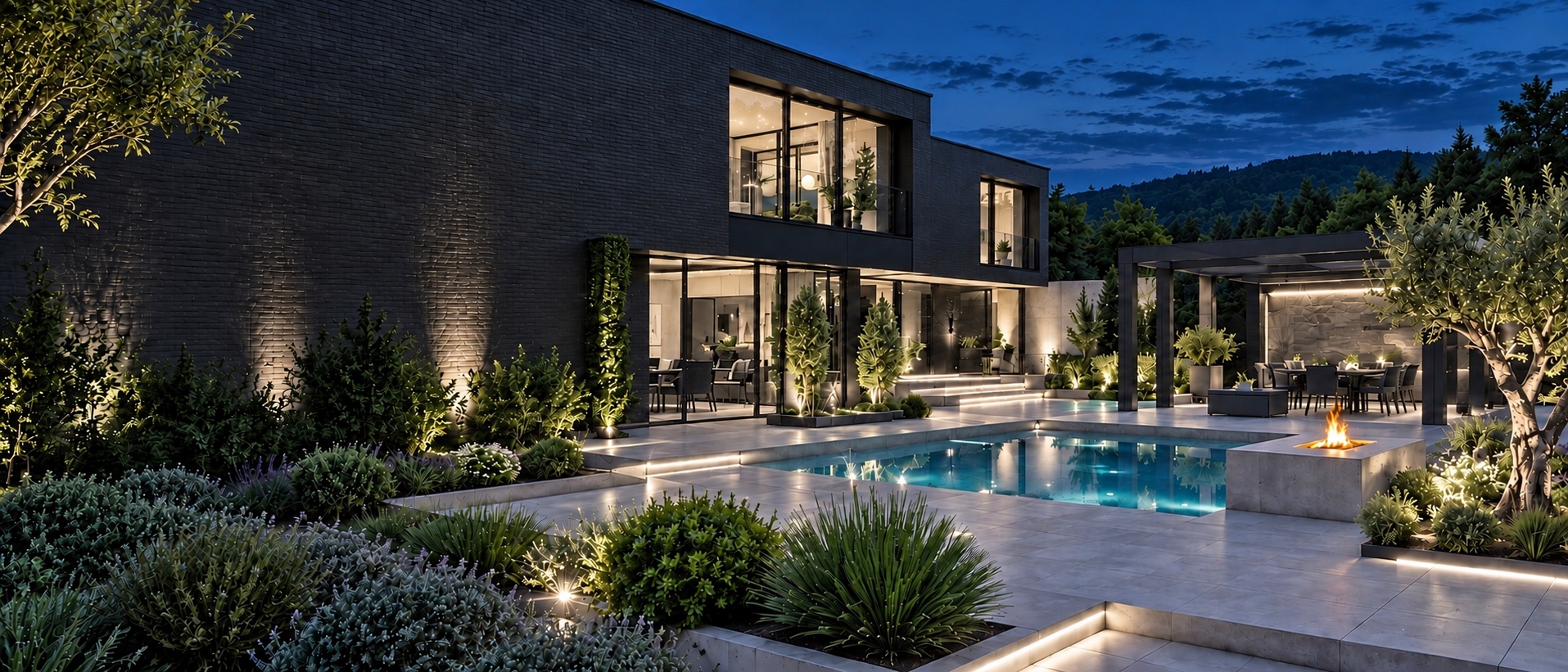 Pool und Terrasse bei Abendlicht